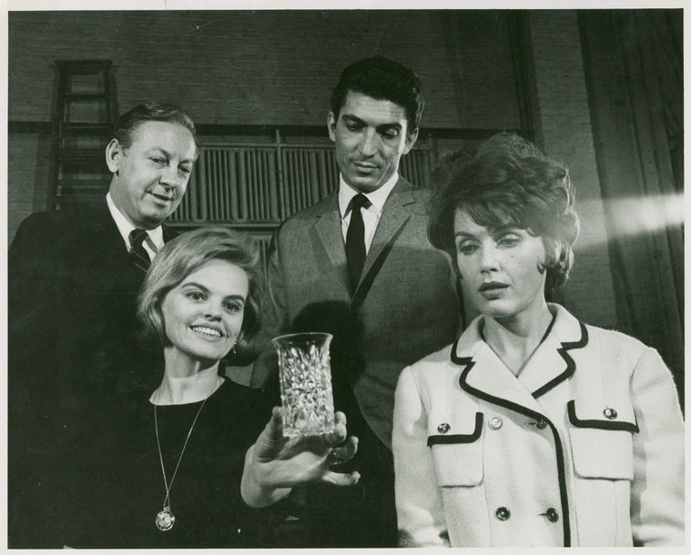 Jack Manning (Mr. McIlhenny), Madeleine Sherwood (Mrs. McIlhenny), Sergio Franchi (Renato Di Rossi) and Elizabeth Allen (Leona Samish) in rehearsal for Do I Hear a Waltz?