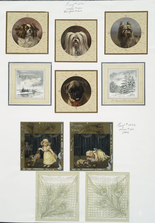 Christmas and New Year cards depicting dogs, children, peacock feathers, winter scenes, a child and a dog playing and sleeping