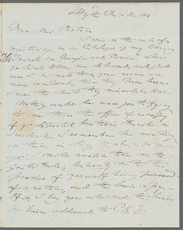 Charles Kelsall to Jane Porter, autograph letter signed