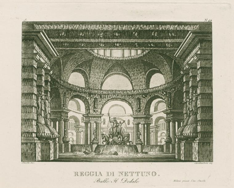 Reggia di Nettuno.  Ballo, Il Dedalo. Stucchi. inc.  Carolina Lose [i.e. Caroline von Schlieben] acq. [after a set design by Sanquirico]