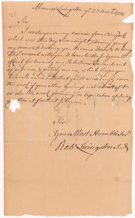 Livingston, Robert, Junr., addressed to Abraham Yetts [Yates] Esqr., High Sheriff for the City and County of Albany