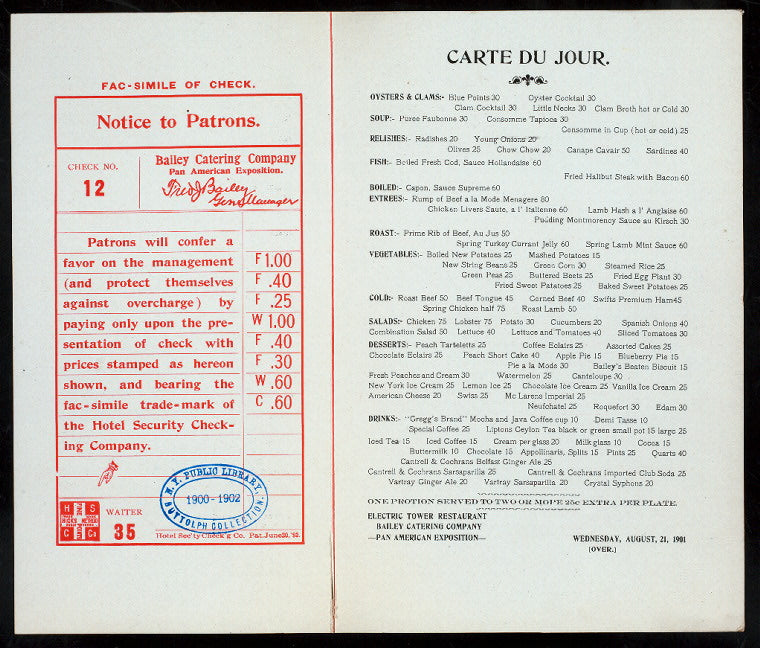 DINNER [held by] BAILEY CATERING COMPANH [at] "ELECTRIC TOWER RESTAURANT,PAN AMERICAN EXPOSITION" (REST;)