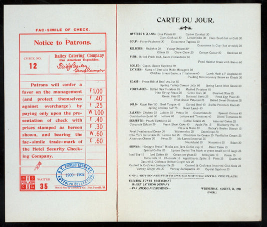 DINNER [held by] BAILEY CATERING COMPANH [at] "ELECTRIC TOWER RESTAURANT,PAN AMERICAN EXPOSITION" (REST;)
