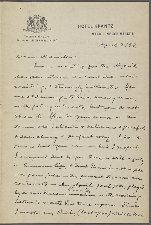 Howells, [William Dean], ALS to. Apr. 2, 1899.