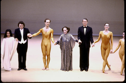 Martha Graham Dance Company; "Acts of Light" curtain call with (L-R) Yuriko Kimura, conductor (unidentified), Peter Sparling, Martha Graham, Halston, and Peggy Lyman, choreography by Martha Graham