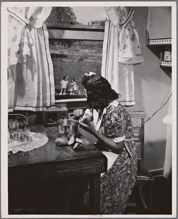 Anacostia, D.C. Frederick Douglass housing project.: Mother watching her children as she prepares the evening meal