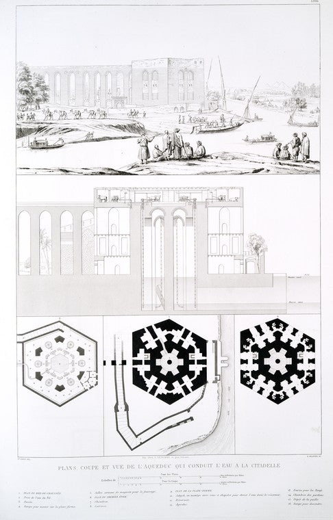 Plans, coupe et vue de l'aqueduc qui conduit l'eau a la citadelle