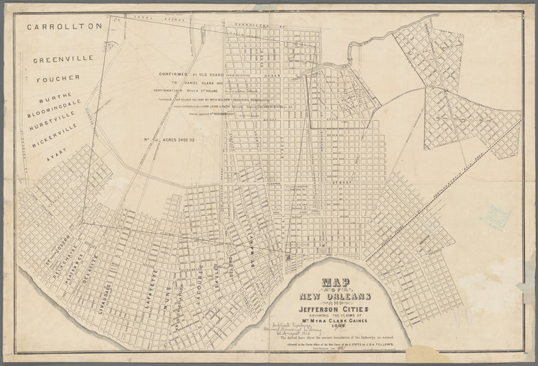 Map of New Orleans and Jefferson Cities showing the claims of Mrs. Myra Clark Gaines, 1869