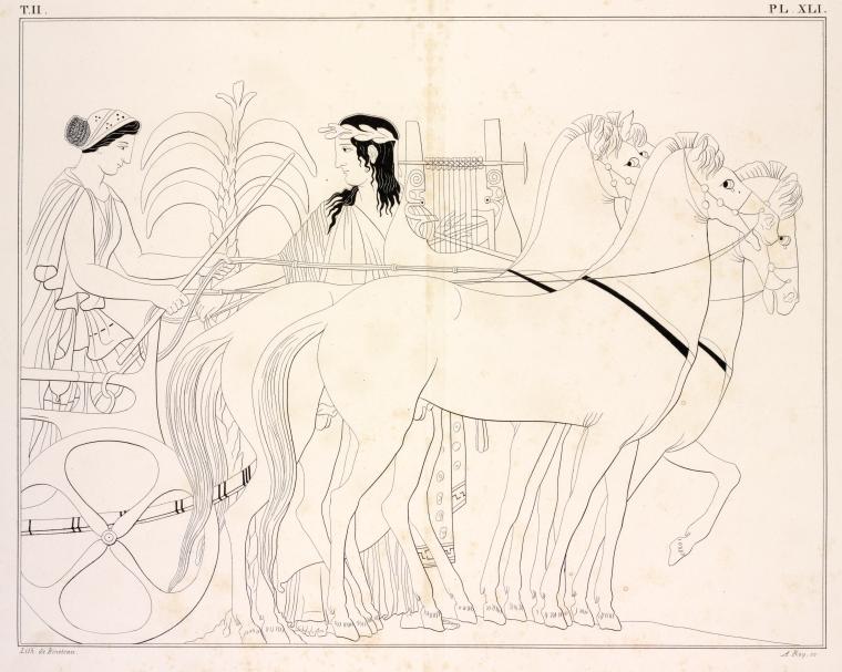 Apollo standing beside a quadriga, driven by Diana