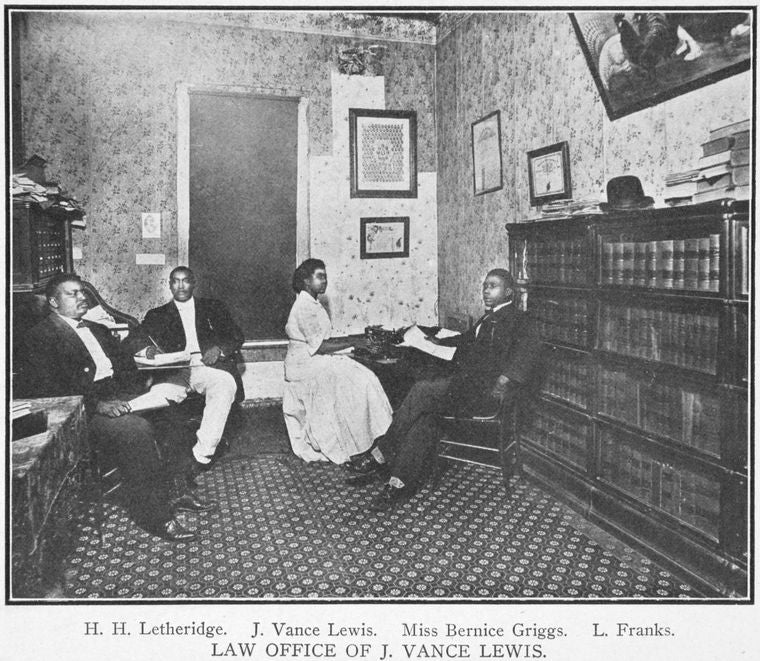 Law office of J. Vance Lewis; H. H. Letheridge, L. Franks, conferring with J. Vance Lewis; Miss Bernice Griggs, stenographer