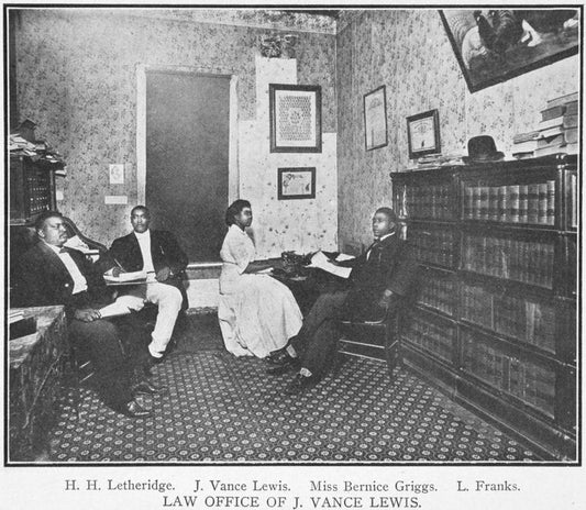 Law office of J. Vance Lewis; H. H. Letheridge, L. Franks, conferring with J. Vance Lewis; Miss Bernice Griggs, stenographer