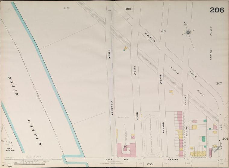 Bronx, V. 9, Double Page Plate No. 206 [Map bounded by Sedgwick Ave., Mott Ave., East 150th St., Harlem River.]