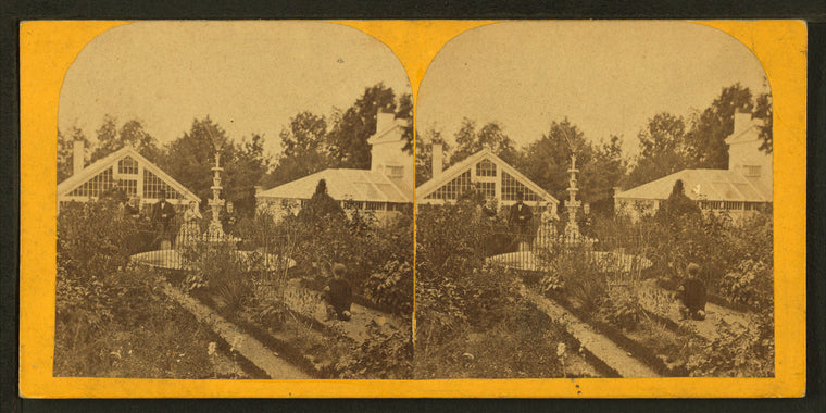 Group of people in the garden with a fountain.