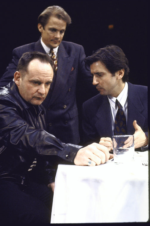 Actors (L-R) Paul Guilfoyle, Keith Szarabajka & Griffin Dunne in a scene fr. the Circle in the Square production of the play "Search and Destroy." (New York)
