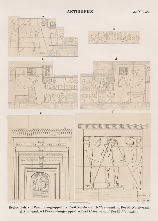 Aethiopen. Begerauîeh [Begrawiya].  a-d. Pyramidengruppe B: [a.] Pyr. 6. Nordwand, [ b.] Westwand, [c.] Pyr. 10. Nordwand,  [d.] Südwand ; e.f. Pyramidengruppe C.: [e.] Pyr. 15. Westwand ; [f.] Pyr. 25. Westwand.