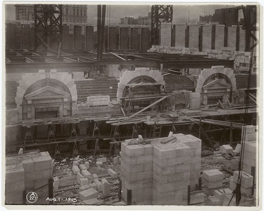 Interior work, Astor Hall : construction of doorways and walls
