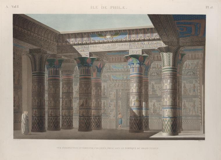 Île de Philæ. Vue perspective intérieure coloriée, prise sous le portique du Grand Temple.