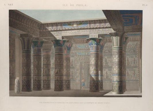 Île de Philæ. Vue perspective intérieure coloriée, prise sous le portique du Grand Temple.