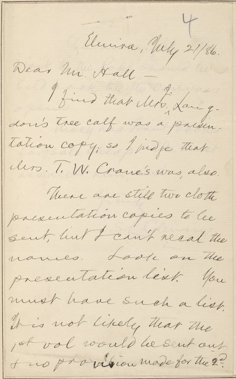 Hall, [Frederick J.], ALS to. Jul. 21, 1886.