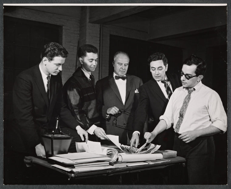 John Housman [center], Jack Landau [far right] and unidentified others in rehearsal for the 1959 stage production A Midsummer Night's Dream