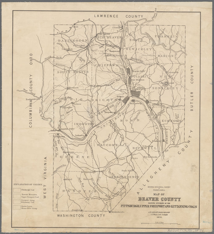 Map of Beaver County showing outcrops of the Pittsburgh, Upper Freeport and Kittanning coals