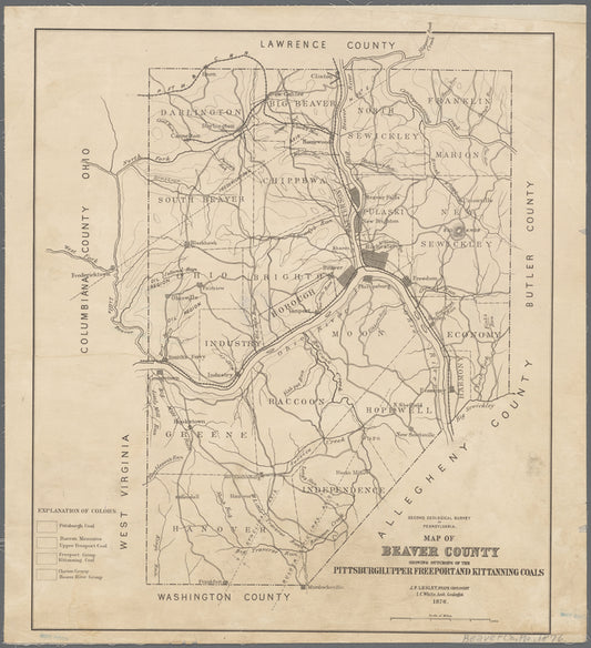 Map of Beaver County showing outcrops of the Pittsburgh, Upper Freeport and Kittanning coals