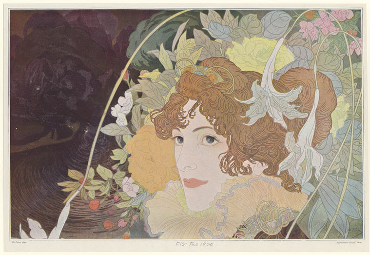 Art nouveau design of woman's face amidst flowers