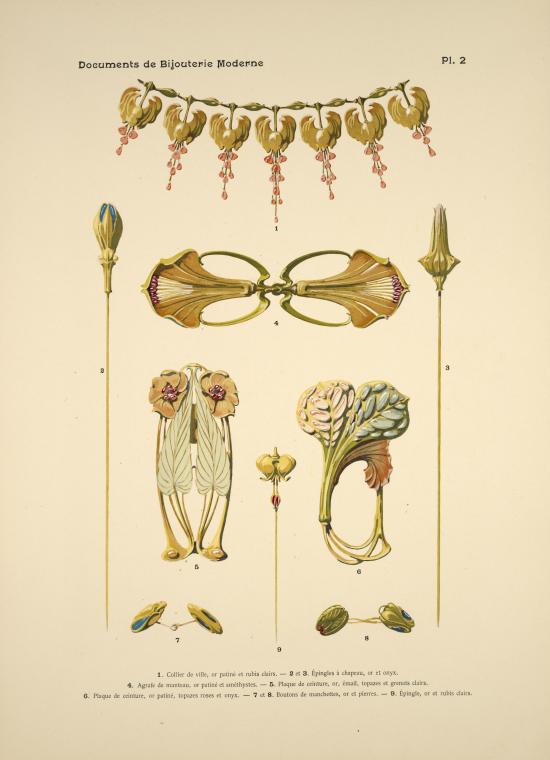 1. Collier de ville, or patiné et rubis clairs. 2 et 3. Épingles à chapeau, or et onyx. [...]