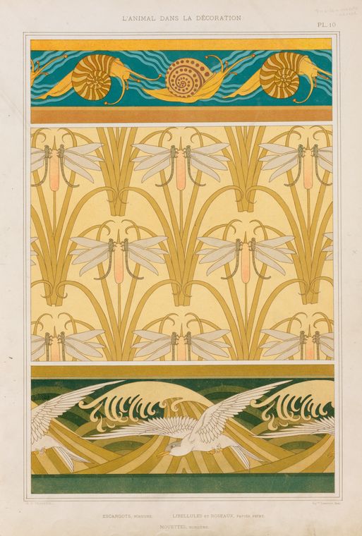 Escargots, bordure. Libellule et roseaux, papier peint. Mouettes, bordure.