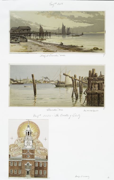 Prints entitled 'wharf at Gloucester, Mass.,' 'Gloucester, Mass[.]' and 'the cradle of liberty.']