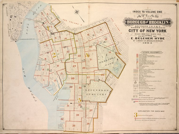 Index to Volume One, Atlas of the Borough of Brooklyn Sections 1, 2, 3 & 4. Wards 1, 2, 3, 4, 5, 6, 8, 9, 10, 12 & 22. City of New York. Published by E. Belcher Hyde, 97 Liberty St., Brooklyn. 1903.