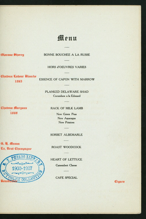 DINNER IN HONOR OF ABOVE [held by] MR. LOUIS N. MEGARGEE [at] "HOTEL EDOUARD, PHILADELPHIA, PA" (HOTEL;)