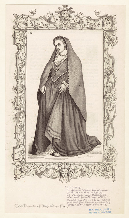 Costume worn by woman who was not a native of Venice and, therefore, was not familiar with local custom