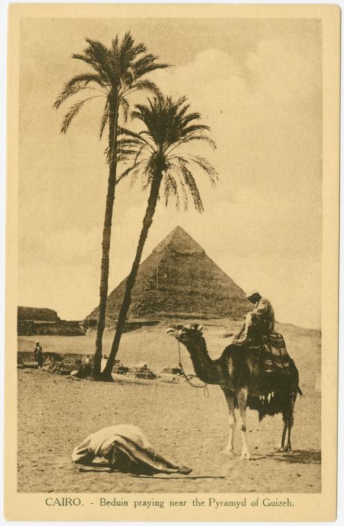 Cairo: Beduin praying near the Pyramyd [sic] of Guizeh
