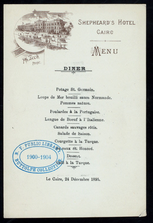 DINNER MENU [held by] SHEPHEARD'S HOTEL [at] "CAIRO, EGYPT" (HOT;)