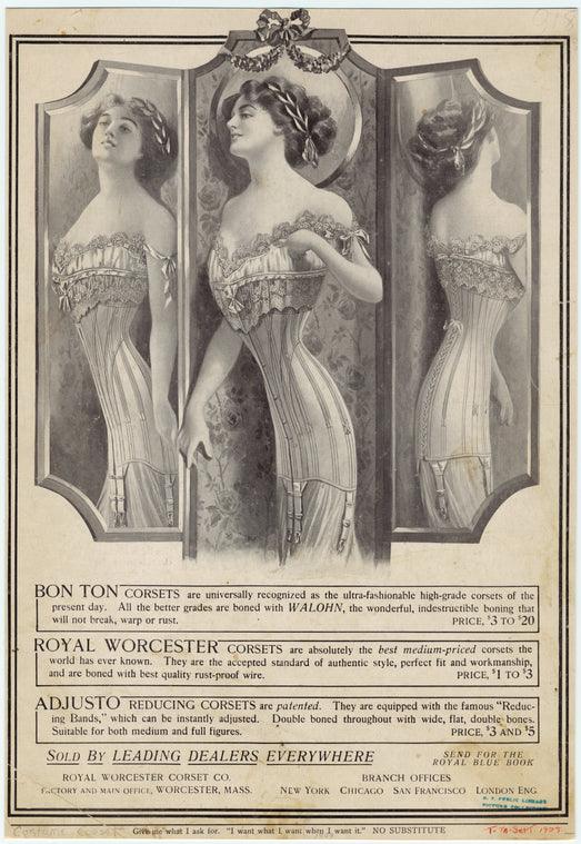 Advertisement for Bon Ton, Royal Worcester, and Adjusto corsets