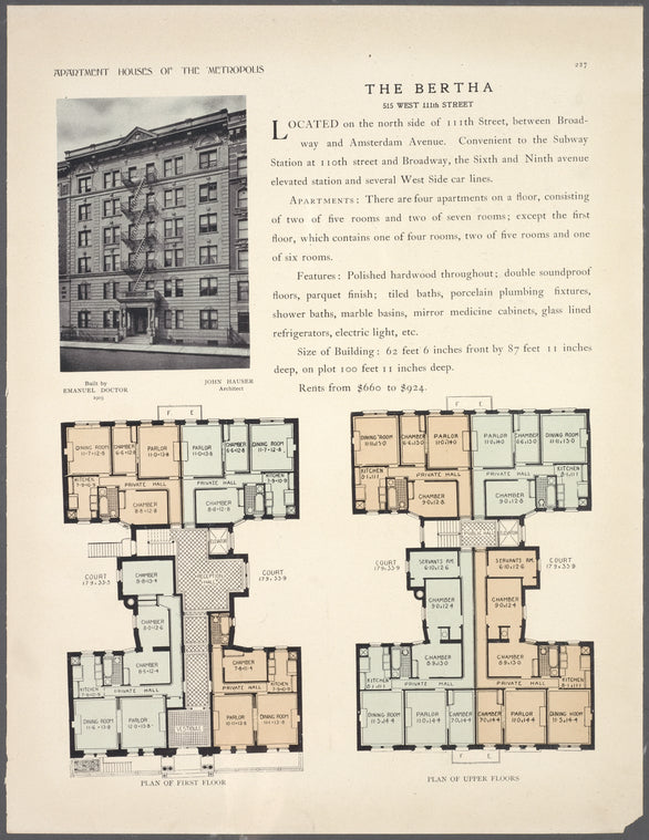 The Bertha, 515 West 111th Street; Plan of first floor; Plan of upper floors.