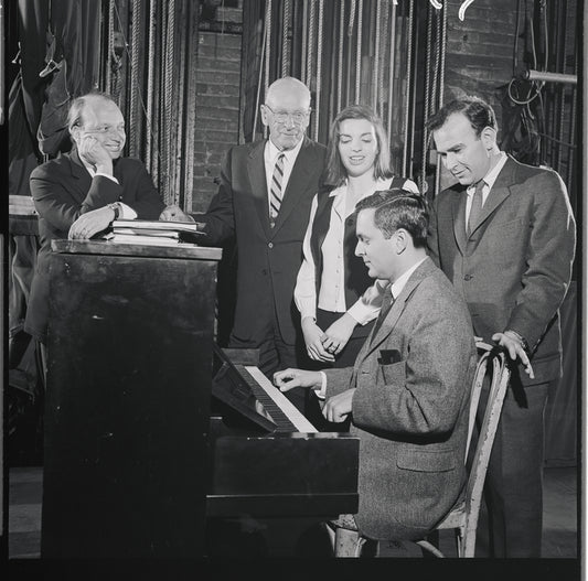 Harold Prince, George Abbott, Liza Minnelli, John Kander and Fred Ebb in rehearsal for the stage production Flora, the Red Menace