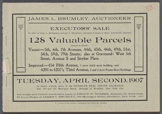 Executor's Sale by order of Chas. A. McInerney and Jos. P. Mulqueen, Executors of the Estate of Mary McInerney, Deceased. 128 valuable Parcels