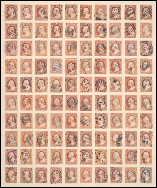 3c dull red Washington reconstructed pane of 100