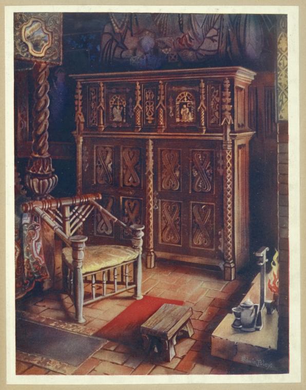 The "king's room," Oxburgh Hall, Norfolk: The property of Sir Henry Paston Bedinfield. With its furniture and accessories re-arranged to show its court cupboard, "thrown" chair, linenfold panelling, bedstead, and other appointments
