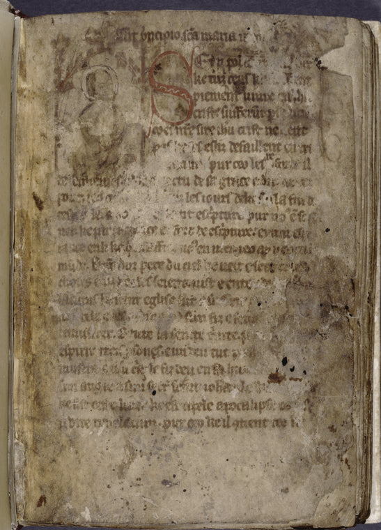 Opening of main text with 4-line red initial and small miniature (portrait of John)