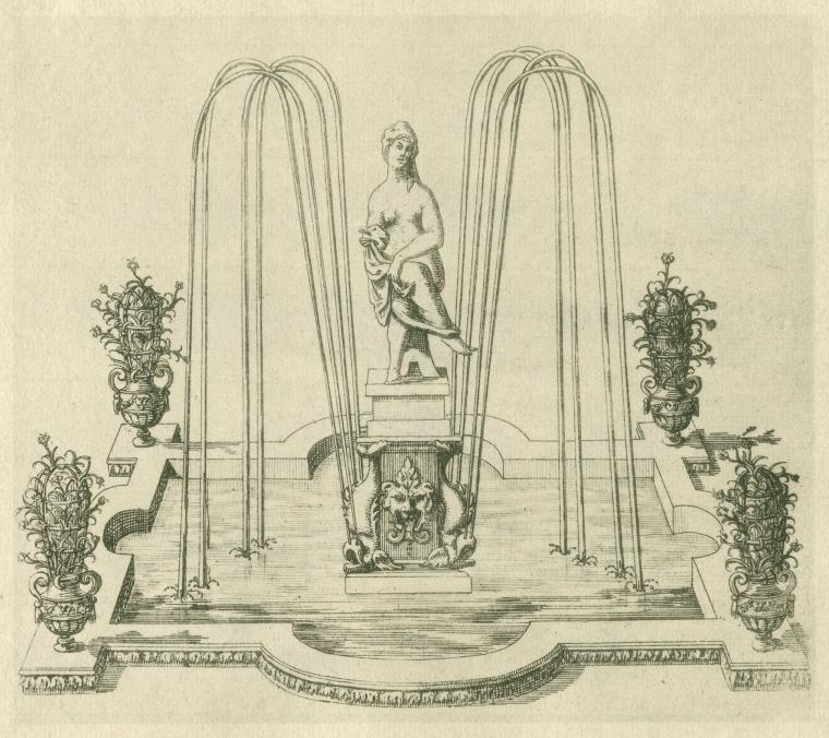 Fountain with centerpiece of a seated female figure with lamb