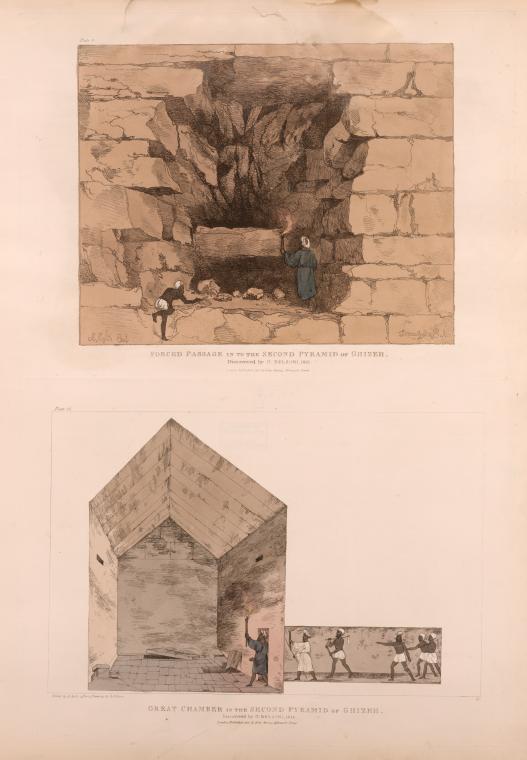 Forced passage in to the second pyramid of Ghizeh [Jizah]. Discovered by G. Belzoni, 1818. (Pl. 11). Great Chamber in the second pyramid of Ghizeh [Jizah]. Discovered by G. Belzoni, 1818 (Pl. 12)