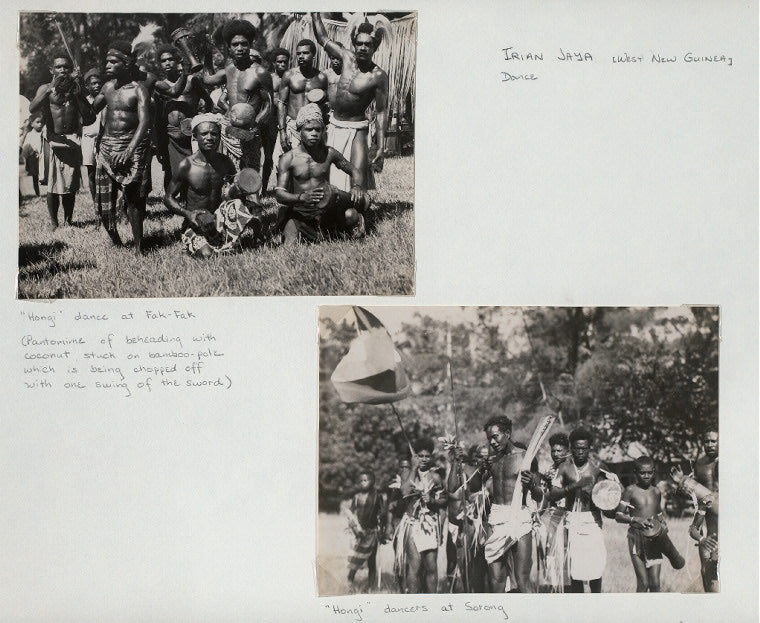 Irian Jaya (West New Guinea). Dance: "Hongi" dance at Fak-Fak. (Pantomime of beheading with coconut stuck on bamboo-pole which is being chopped off with one swing of the sword); "Hongi" dancers at Sorong
