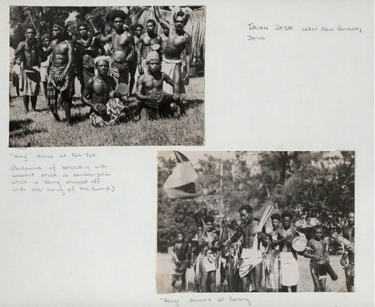 Irian Jaya (West New Guinea). Dance: "Hongi" dance at Fak-Fak. (Pantomime of beheading with coconut stuck on bamboo-pole which is being chopped off with one swing of the sword); "Hongi" dancers at Sorong