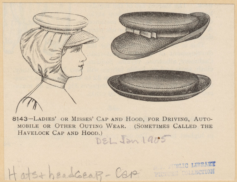 Ladies' or misses' cap and hood, for driving, auto-mobile or other outing wear (sometimes called the havelock cap and hood)