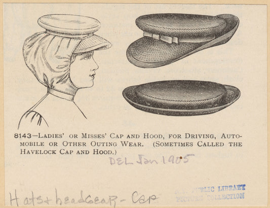 Ladies' or misses' cap and hood, for driving, auto-mobile or other outing wear (sometimes called the havelock cap and hood)