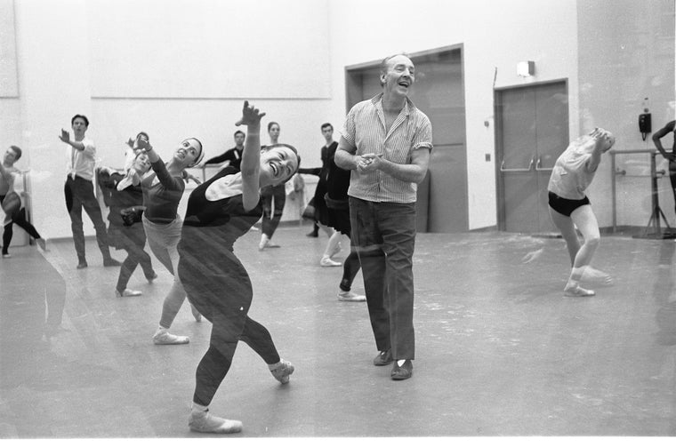 New York City Ballet Company Class with Patricia Wilde and George Balanchine (behind them is Victoria Simon) (New York)