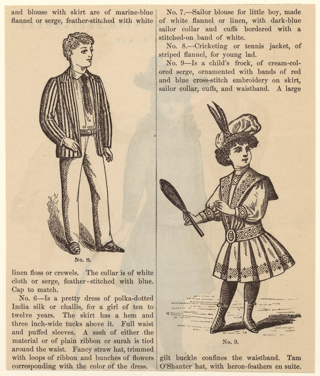 Boy in a cricket jacket ; girl in frock with racket, United States, 1890s